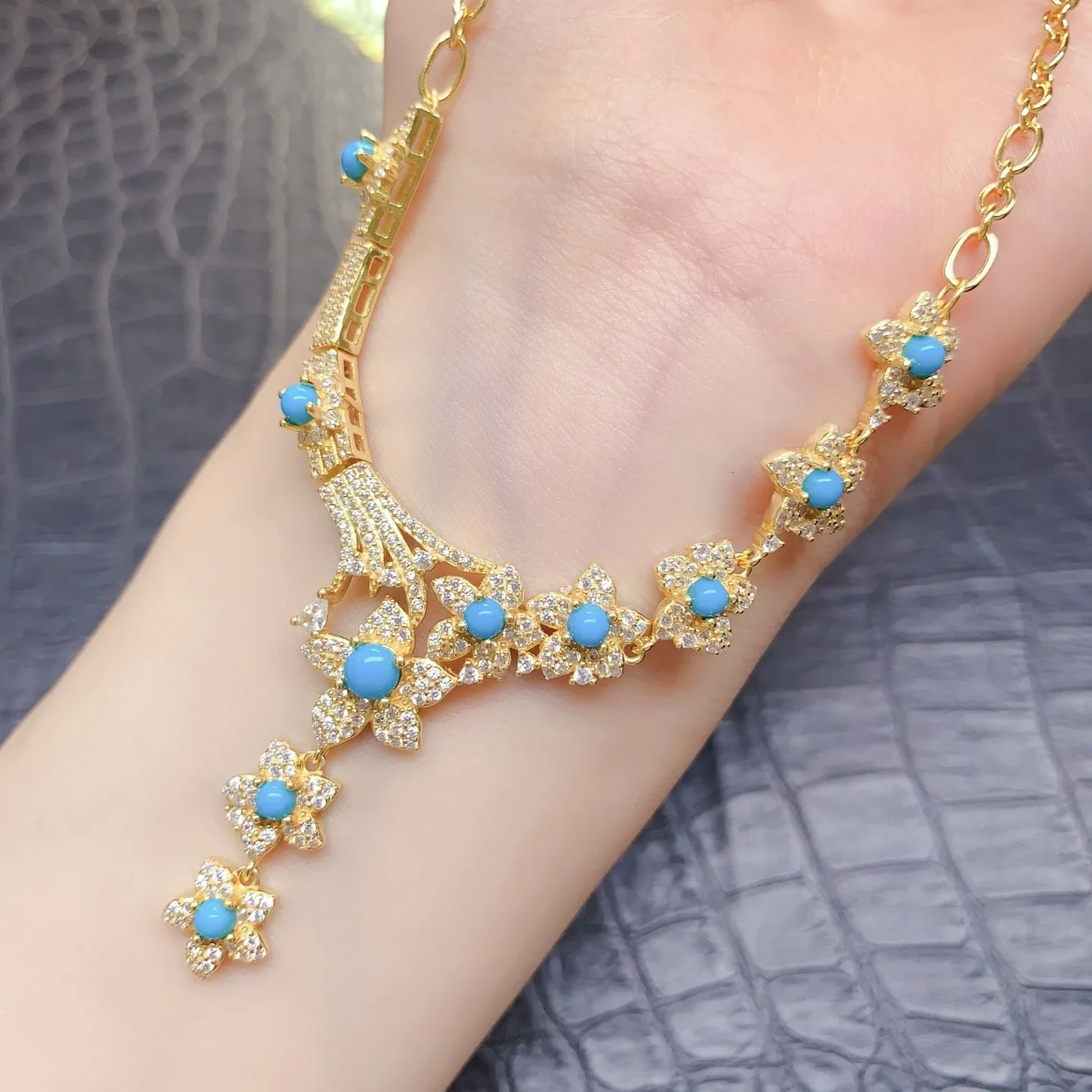 Natural Turquoise Statement Necklace, Gold Plated S925 Silver Inlaid 3mm Round Main Stones, Full Zircon Flower Design Elegant