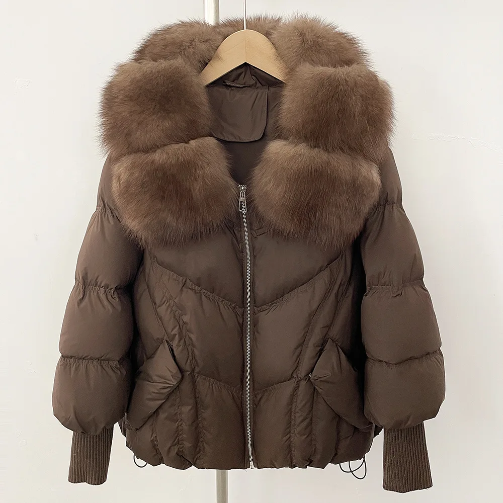 

Winter Short Natural Big Fur Collar Warm Down Jacket Women 90% Duck Down Drawstring Parker Outwears Female Zipper Quilted Jacket