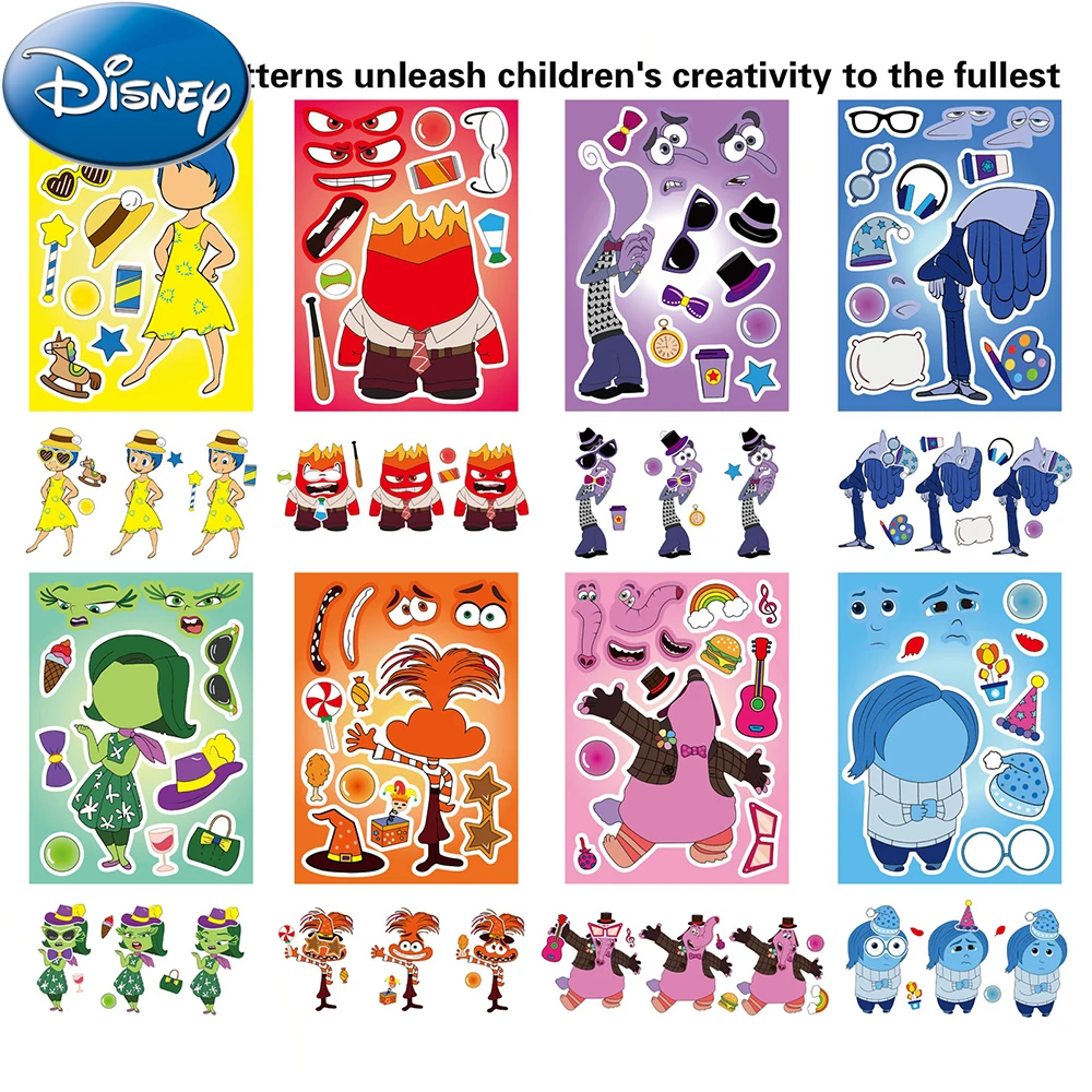 8/16sheets Disney Inside Out Cute Anime Puzzle Stickers Cartoon Make a Face Decals Funny Assembly Jigsaw Toy Game Kid Party Gift