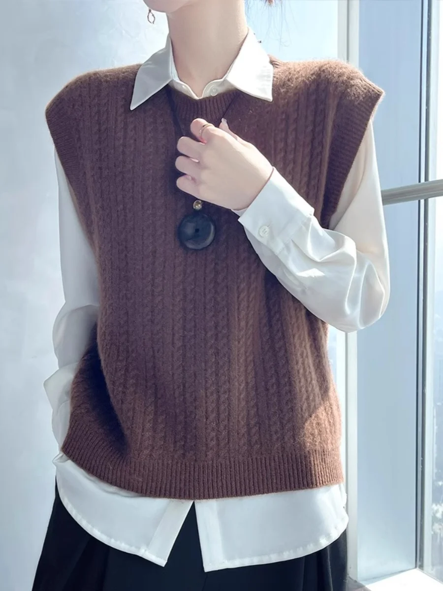 Women's round Ne Svel Vest Loose Fit Camere Knitwear Slimming Design Casual Sle Faionable Color Blo Pattern