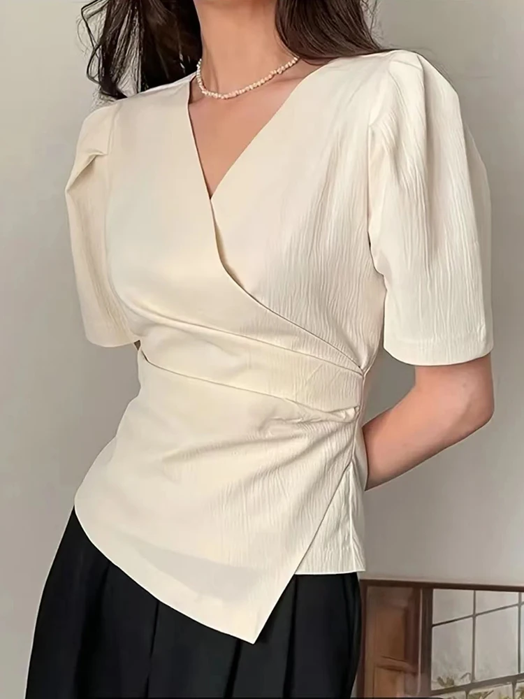 Women Blouse 2024 Spring Summer Solid Tucked V Neck Slim Blouse Elegant Short Sleeve Asymmetrical Top For Women Hot Sale