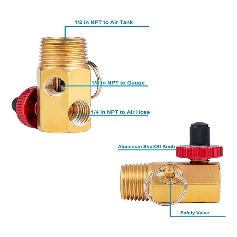 4Pack Air Tank Manifold with Fill Port 1/2Inch NPT Tank x 1/4Inch NPT Hose x 1/8Inch NPT Gauge for Air Compressor Tank