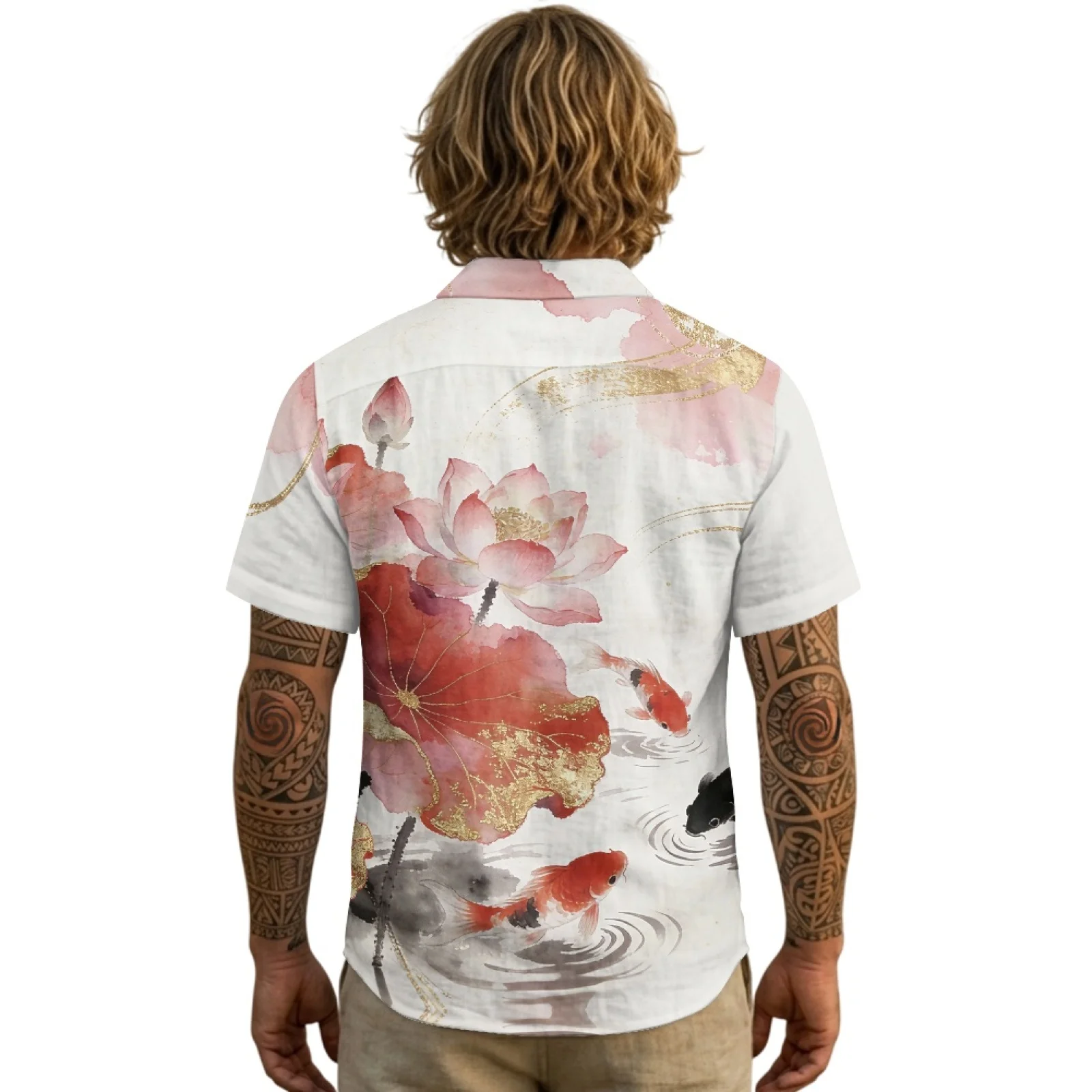 PENSTROLL Loose Linen Style Man Outfit Set Turn-down collar Button Up Top for Beach Vacation Lotus Koi Fish Print