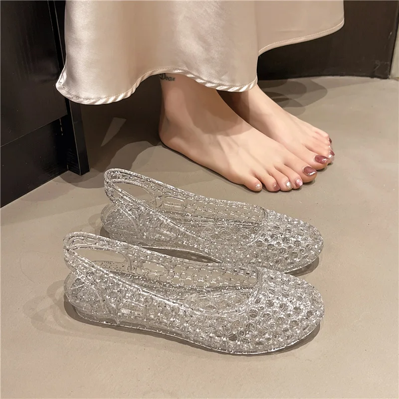 Women Sparkly Crystal Beach Flat Shoes Hollow Clogs Jelly Shoes Mother Ladies Sandals Casual Non Slip Comfort Summer Sandal Cute