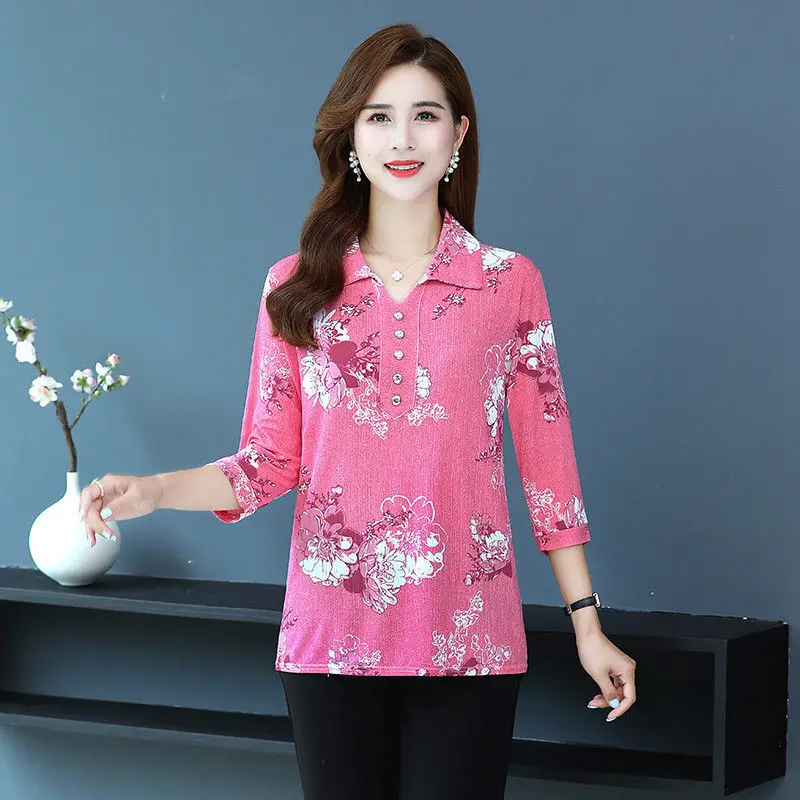 2023 Women's Clothing Three Quarter Sleeve Printing Pullovers Casual Loose Turn-down Collar Straight Simplicity Elegant T-Shirts