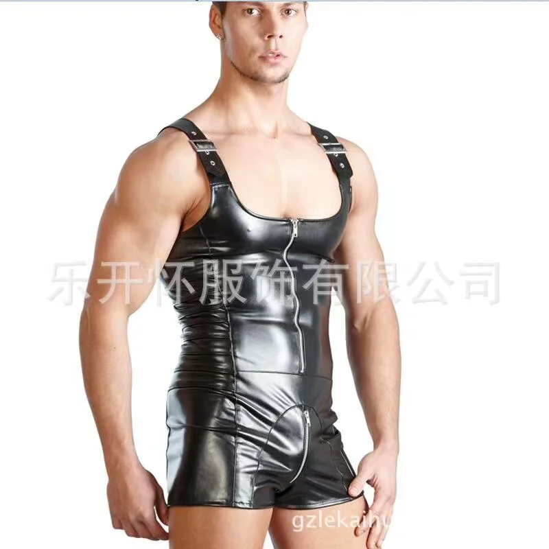 Mens Underwear Jumpsuits Patent Leather Catsuit One-piece Bodysuit Clubwear Stage Leotard Zipper Open Crotch Wrestling Singlet