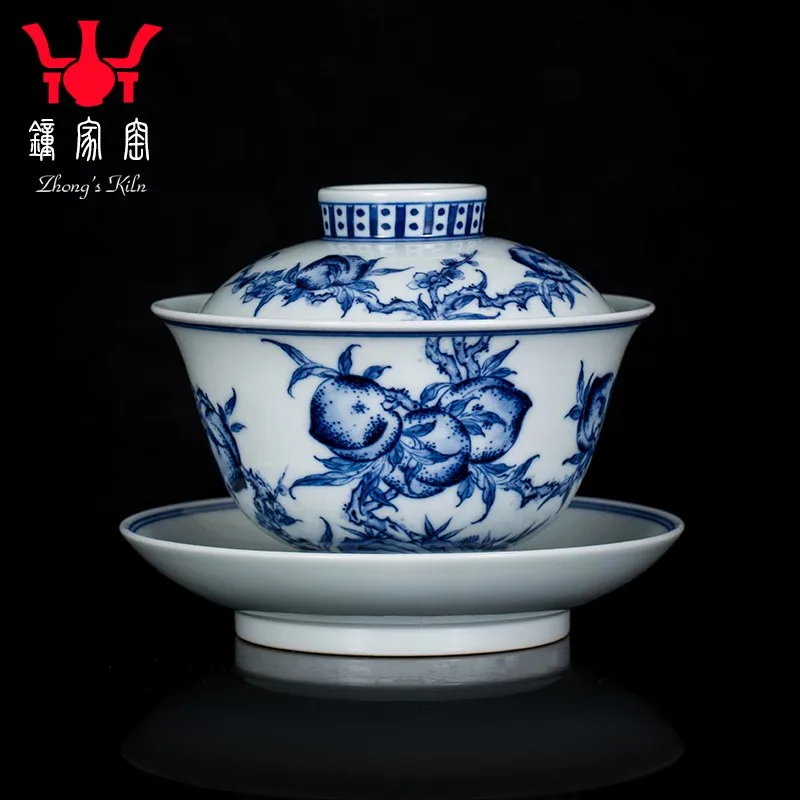 

Zhongjia Kiln Cover Teacup Jingdezhen Pure Hand Drawing Blue and White Longevity Peach Tea Bowl Tea Brewing Bowl Ceramic Kung Fu