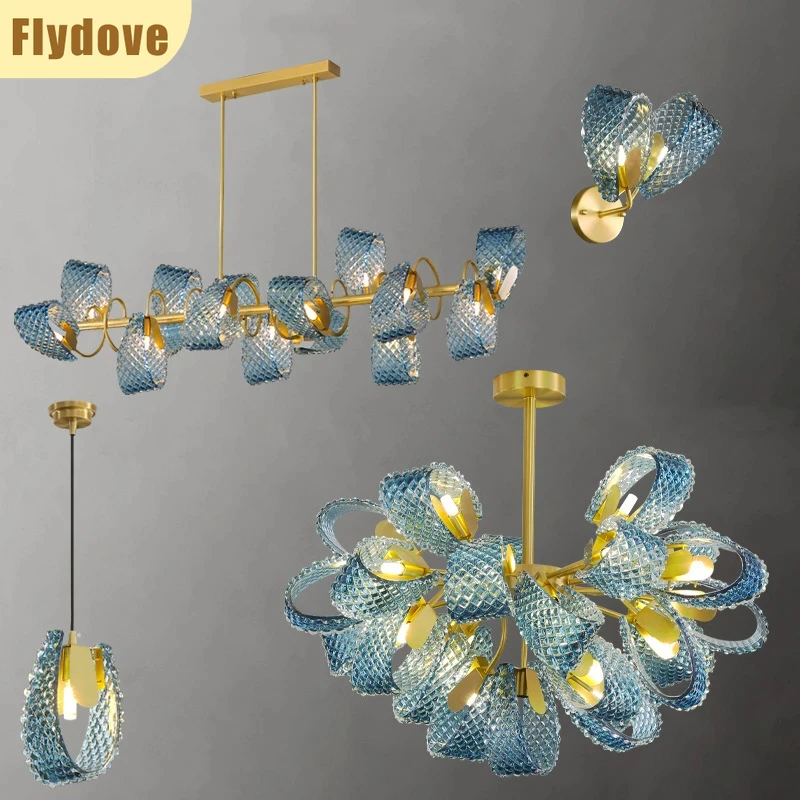 

Modern Light Luxury LED Blue Peacock Glass Full Copper Pendant Designer Bar Living Room Bedroom Ceiling LED Lighting Decoration