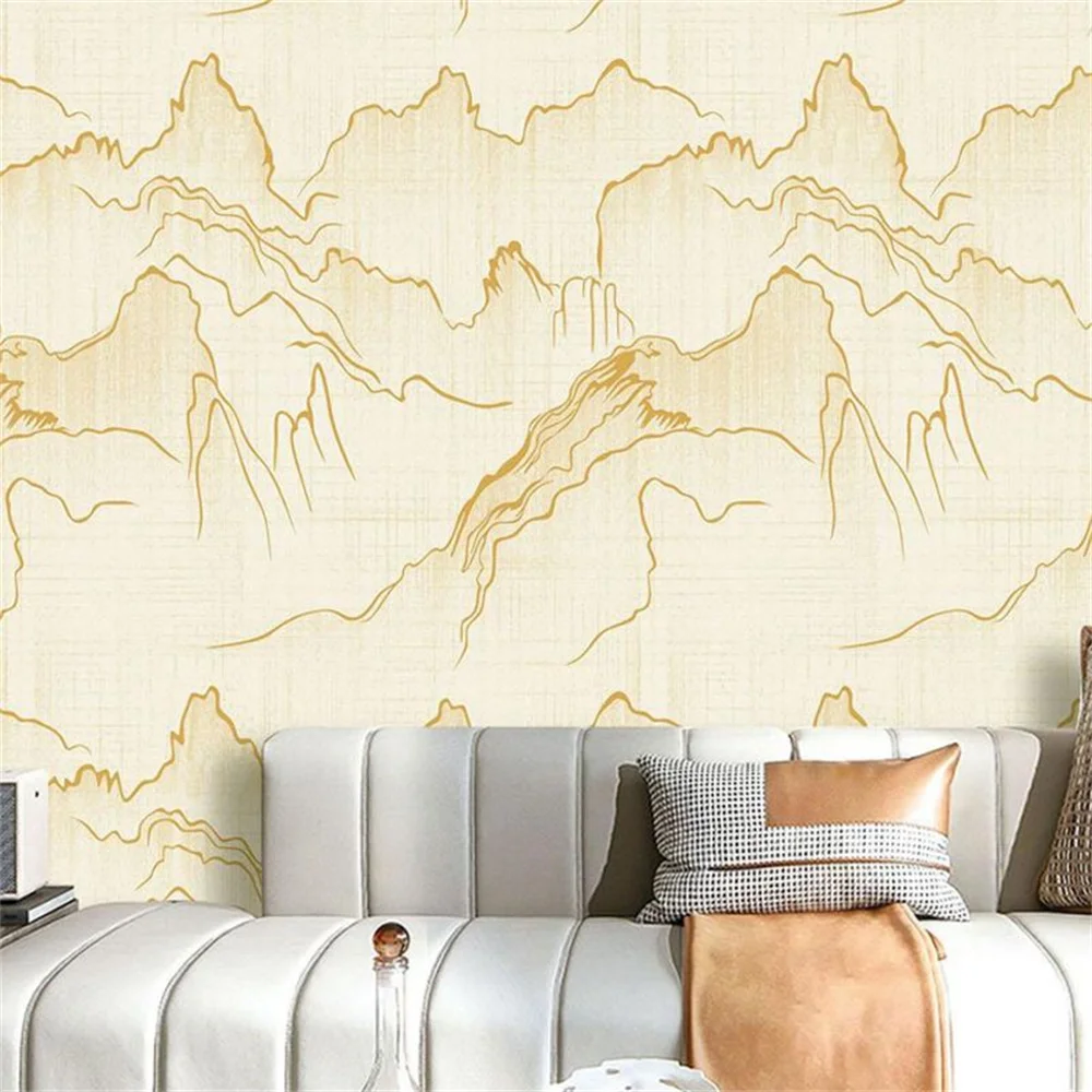 Modern Chinese Ink Landscape Wall Paper Non Self Adhesive Golden Outline Mountain Wallpaper for Villa Tea Room Club Hotel Decor