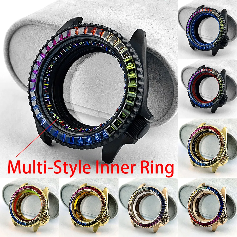 42mm Black Gold Rose Gold Watch Case Fit NH35 NH36 Movement Sapphire Glass With Rainbow Gemstone Bezel Multi-Color Chapter Ring