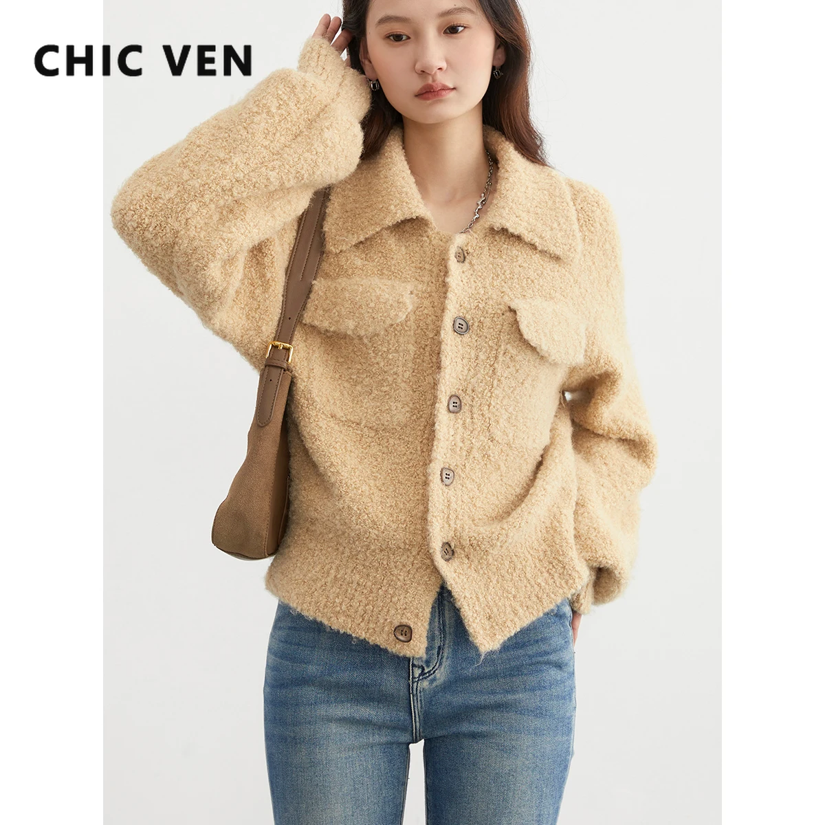 

CHIC VEN Women's Cardigan Single Breasted New Polo Collar Loose Casual Knitted Female Sweaters Coat Autumn Winter 2024