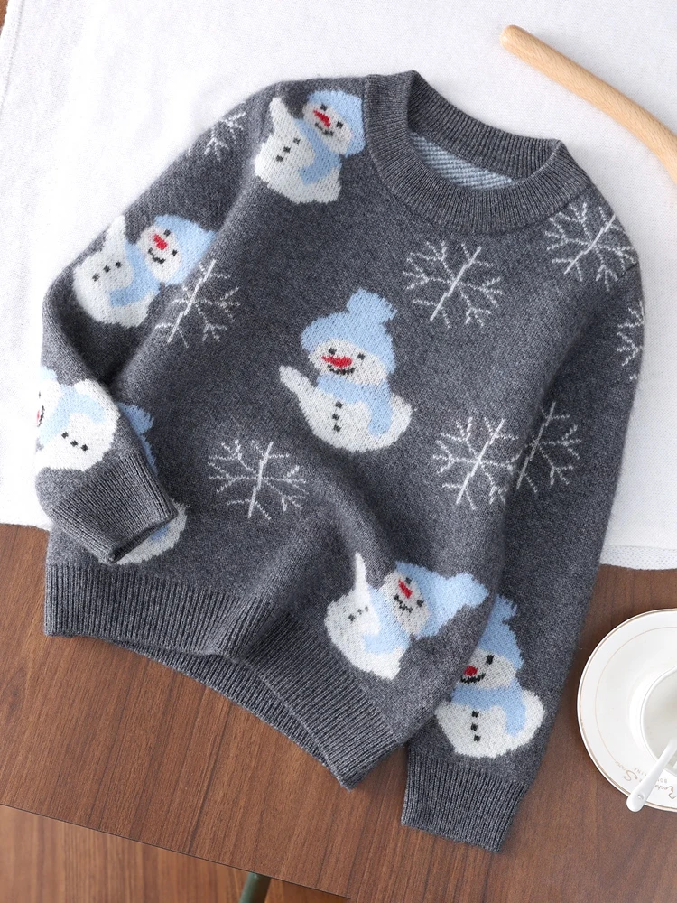 

100% Cashmere Sweater Children's Pullover Boys Girls Snowman Pattern Thicken Knitwear Autumn Winter Baby Kids Soft Clothes Tops