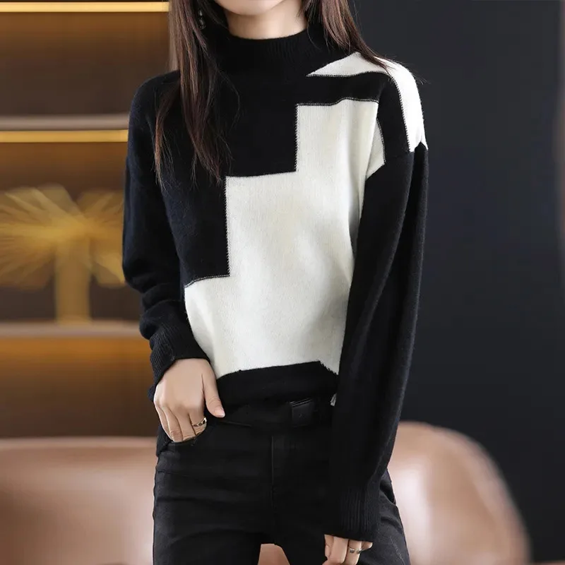 Korean Female Large Size 5XL Sweater Autumn Winter Lady Loose Fit Pullover Knitwear Women Half High Collar Long Sleeves Knitting