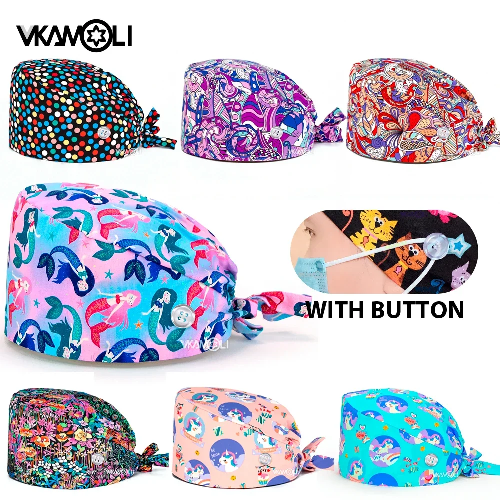 

scrub hats for women nurse button scrub cap Adjustable Surgical Cap Woman Veterinary Pet Shop Scrub Hat Dentist Working Cap