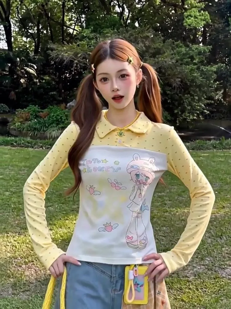 Sweet Cartoon Anime Print Long Sleeved T Shirts for Women Autumn Polo Collar Cute Streetwear Slimming Hottie Y2k Top New Clothes