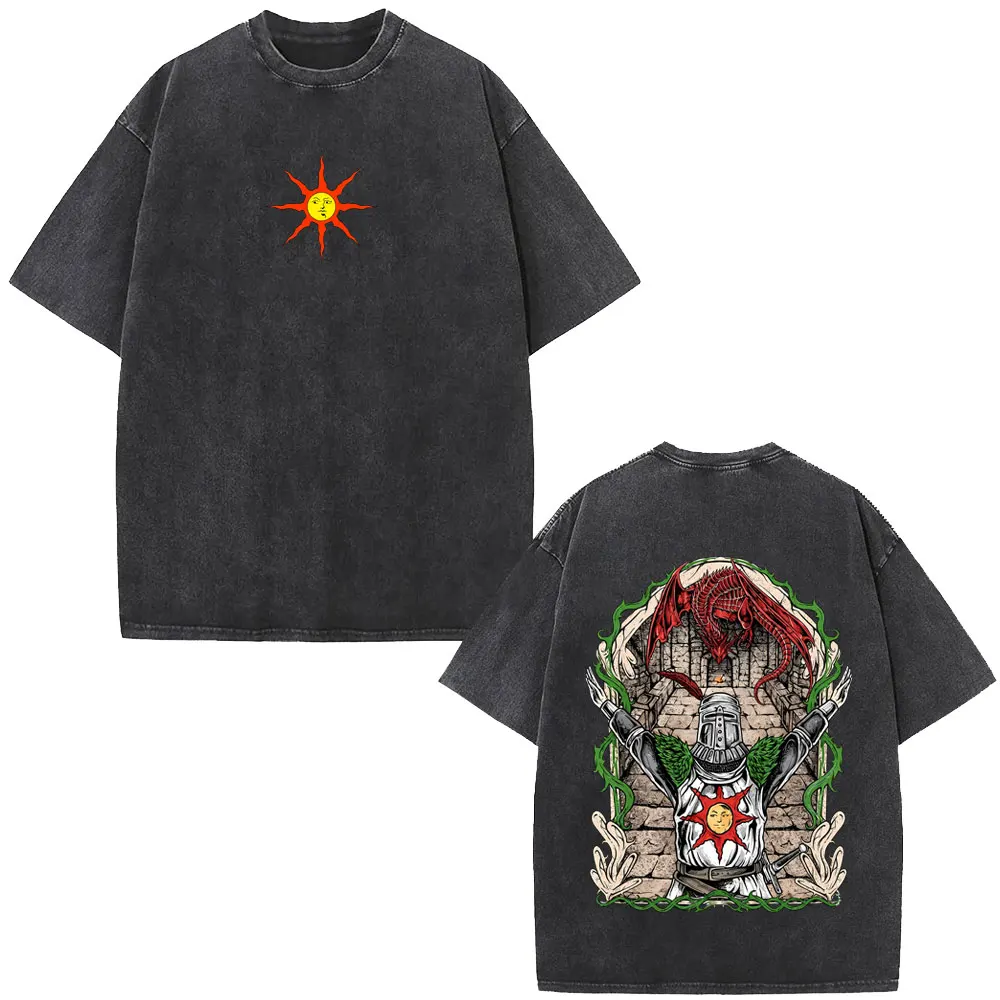 Washed Vintage Game Dark Souls Solaire of Astora Graphic T-shirt Men Women Retro Gothic Rock T-shirts Men's Oversized T Shirts