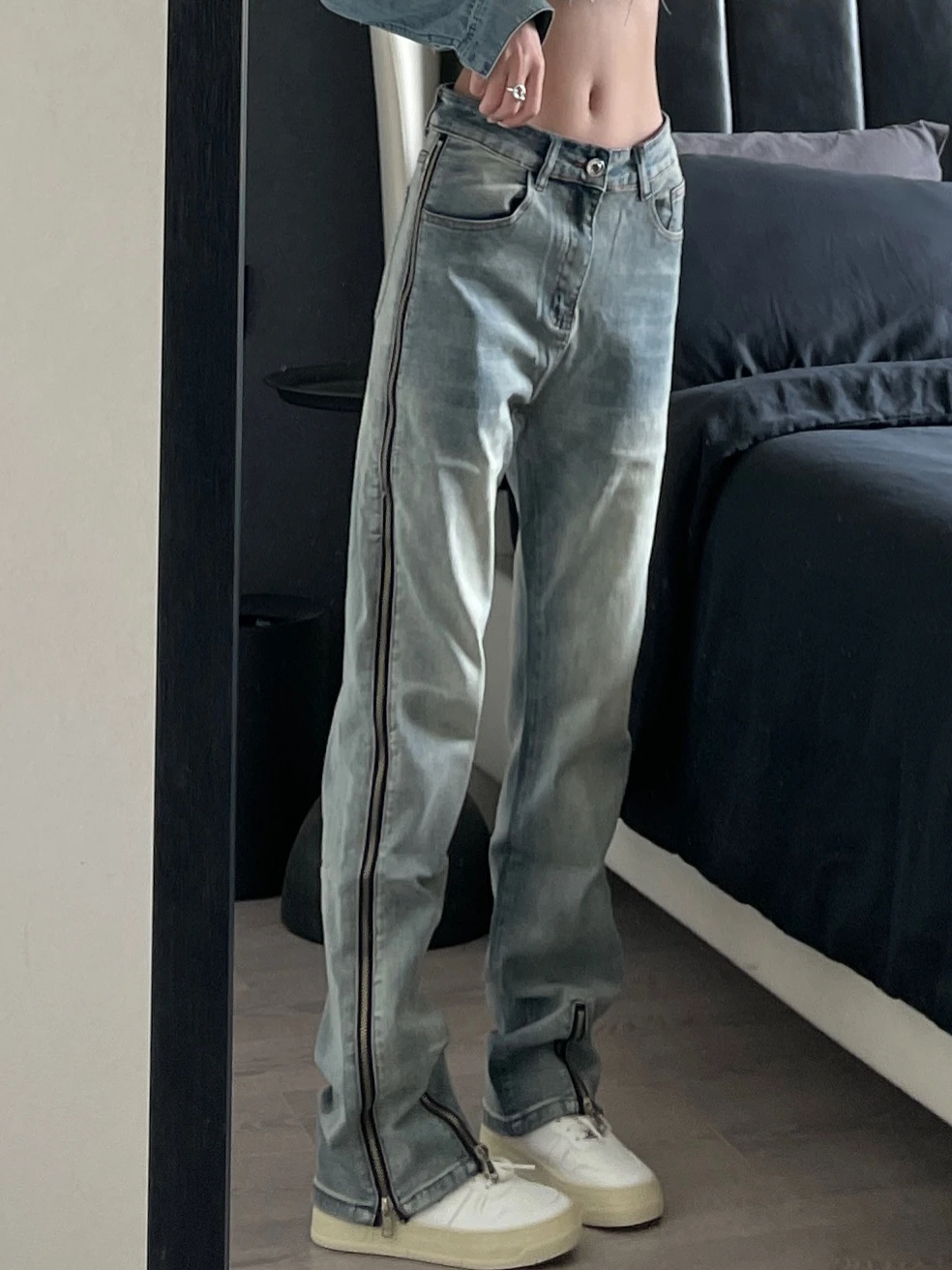 

High Waist Straight Leg Jeans Men's Women's Fashion Brand Hip Hop Pants High Street Washed Design Slimming Side Zipper