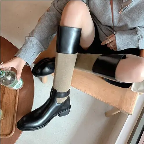 Winter Black Brown Patchwork Leather Round Toe Low Heels Knee High Boots Women Buckle 35 MM Heel Tube Slip On Long Botas Shoes