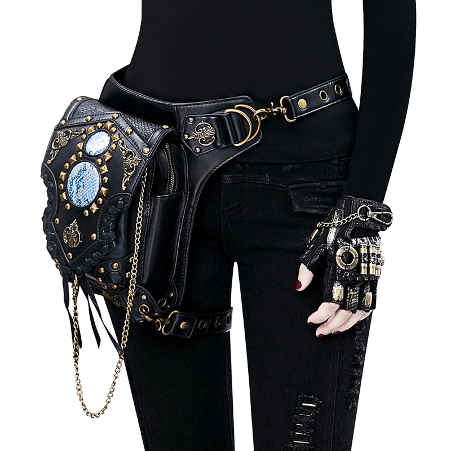 Gothic Steampunk Women Waist Bags,Retro Rock Punk Goth Shoulder Handbags,Men Leg Thigh Holster Leather Crossbody Bags