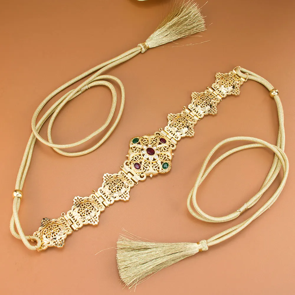 

Sunspicems Vintage Arabic Women Waist Chain Gold Color Crystal Hand Rope Tassels Belt Morocco Algeria Bridal Wedding Jewelry
