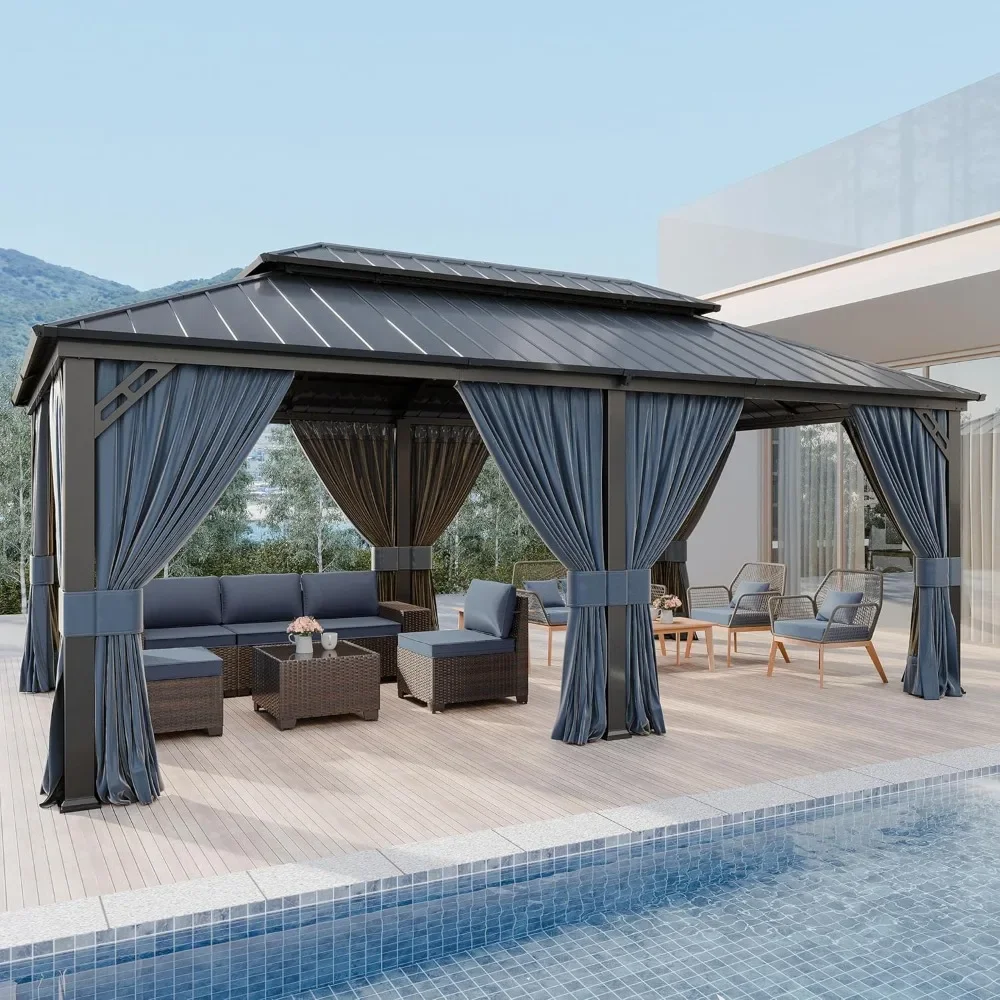 أكشاك ألومنيوم باللون الأزرق الداكن، جناح خارجي دائم مقاس 12 × 20 قدمًا مع سقف مزدوج وشبكة #2