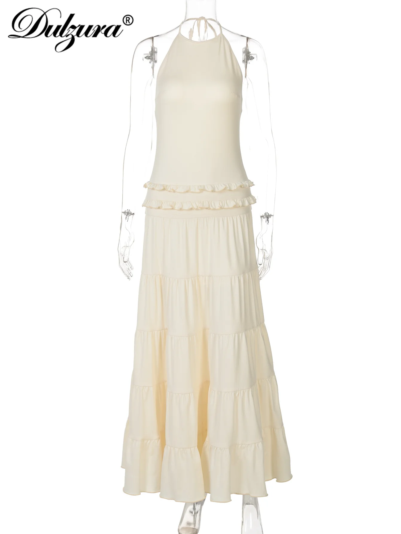 Dulzura Halter sin mangas sin espalda ajustado con cordones volantes plisado vestido largo sólido Sexy elegante vestido de fiesta Club traje de verano