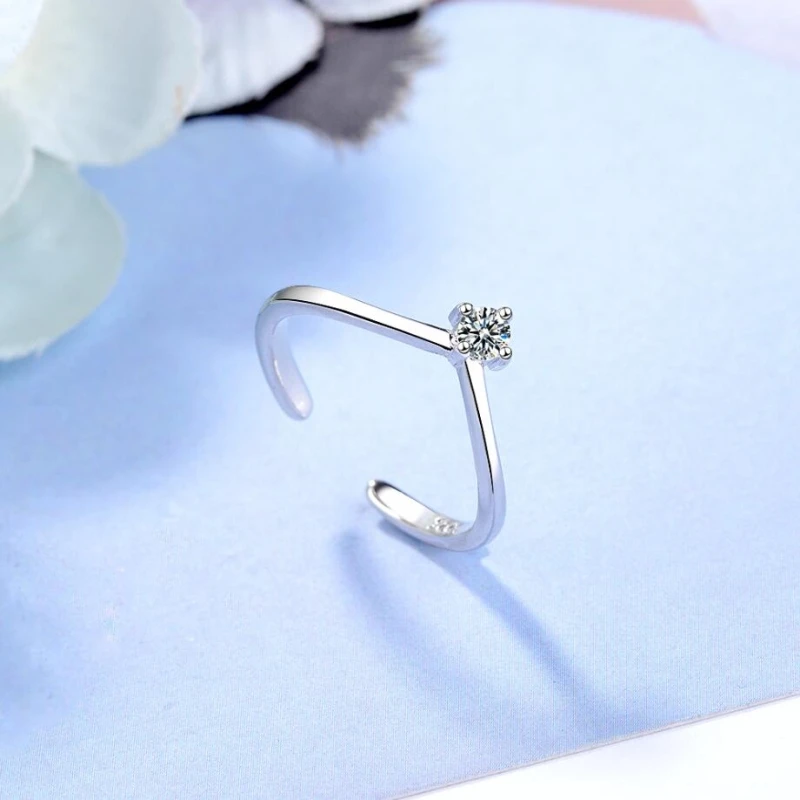 V-shaped Simple 925 Sterling Silver Fine Resizable Opening Ring For Women Luxury Jewelry RI211
