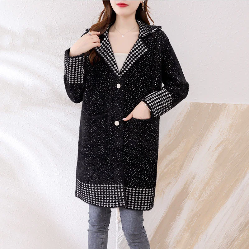 Mink Velvet Women\'s Jacket Knitted Cardigan Long Outwear Autumn Winter 2023 New Thick Woolen Coat Korean Female Fashion Tide Top