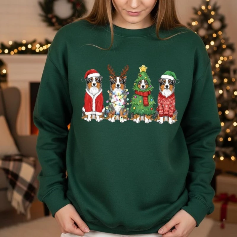 Sudadera navideña de pastor australiano, divertida amante de los perros, vacaciones, linda australiana en trajes festivos, regalo de Navidad para propietarios de mascotas, sudadera con capucha