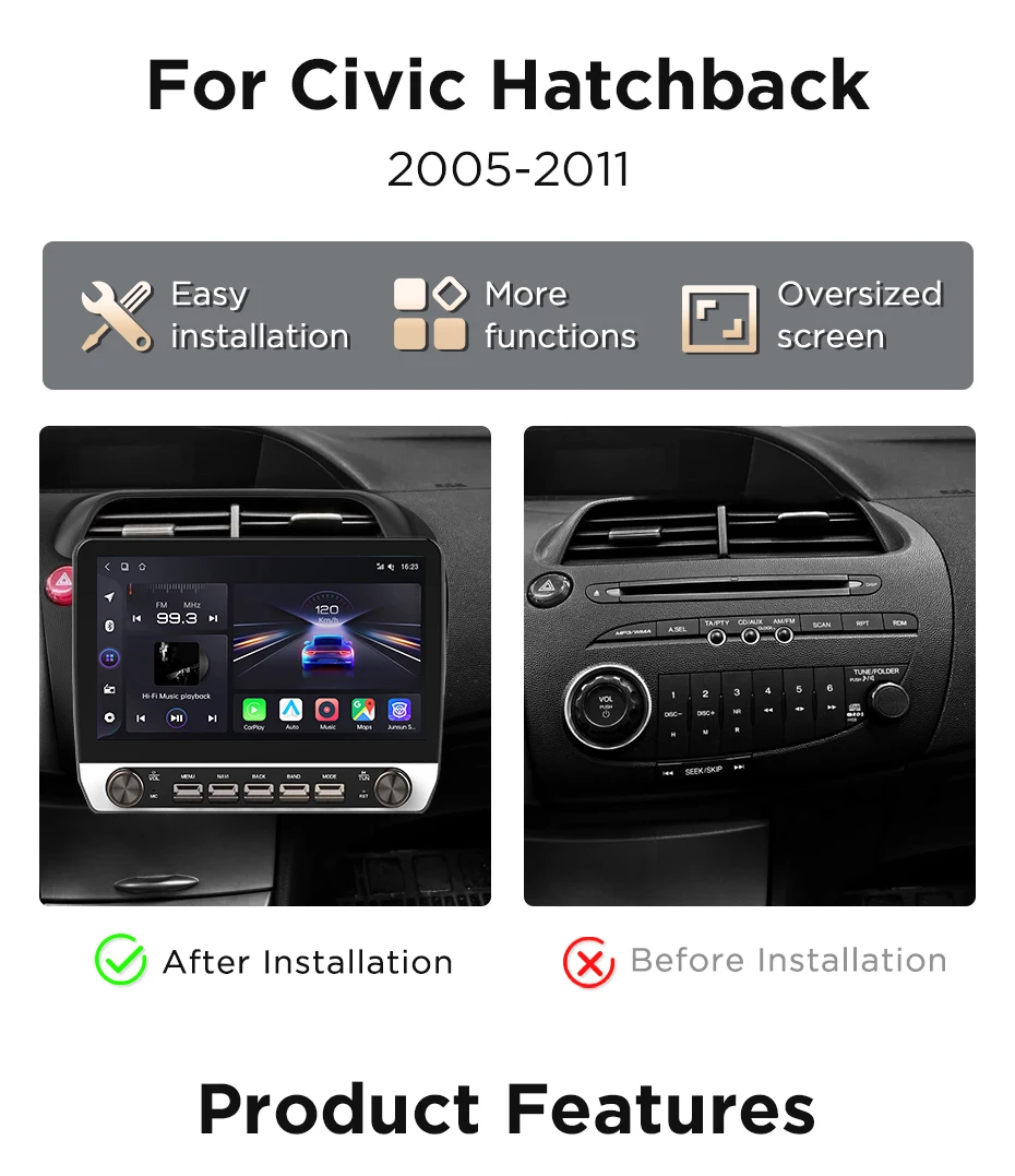 Junsun 10,1-Zoll-Autoradio für Honda Civic 2005 2006-2011, kabelloses CarPlay, Android Auto, intelligente Systeme, IPS-Touchscreen mit physischen Tasten, DSP, GPS-Navigation, WLAN, DAB+, RDS, FM/RAM, BT, SWC, Plug-and-Play, 2DIN-Multimedia-Player – Detail 5