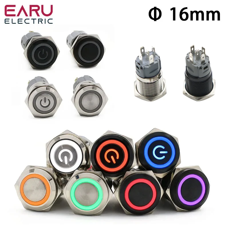 16mm Waterproof Metal Push Button Switch LED Light Anodize Oxide Black Momentary Latching Car Engine PC Power Switch 3-380V Red