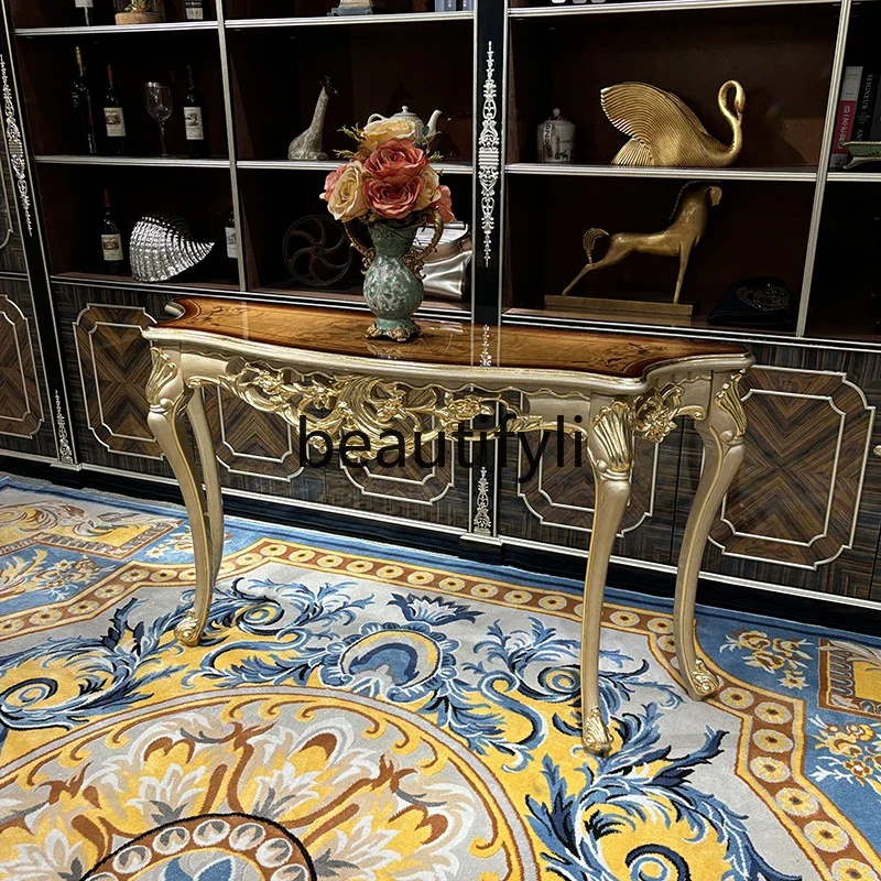 

French entrance table, European solid wood entrance table, luxury neoclassical carved living room champagne entrance table45