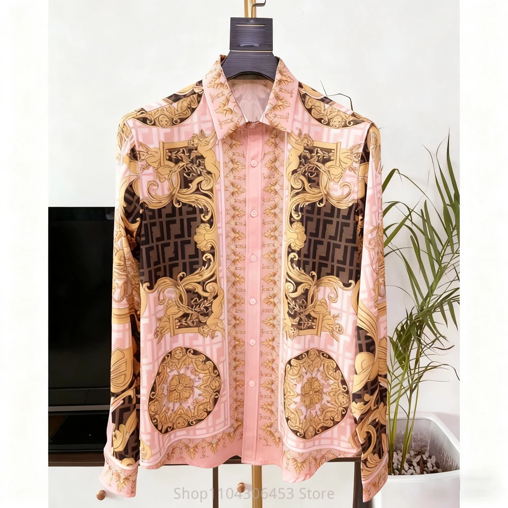 Men's Retro Classic French Court Curly Grass Pattern 3D Printed Shirt Long-sleeved Lapel Lightweight Breathable Business Casual