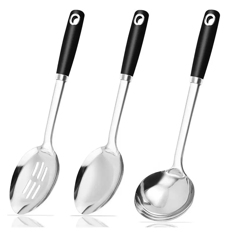 B62B 3 Pack Stainless Steel Cooking Spoons Set, Large Serving Spoons with Slotted Spoon and Soup Ladle, Kitchen Utensils Set