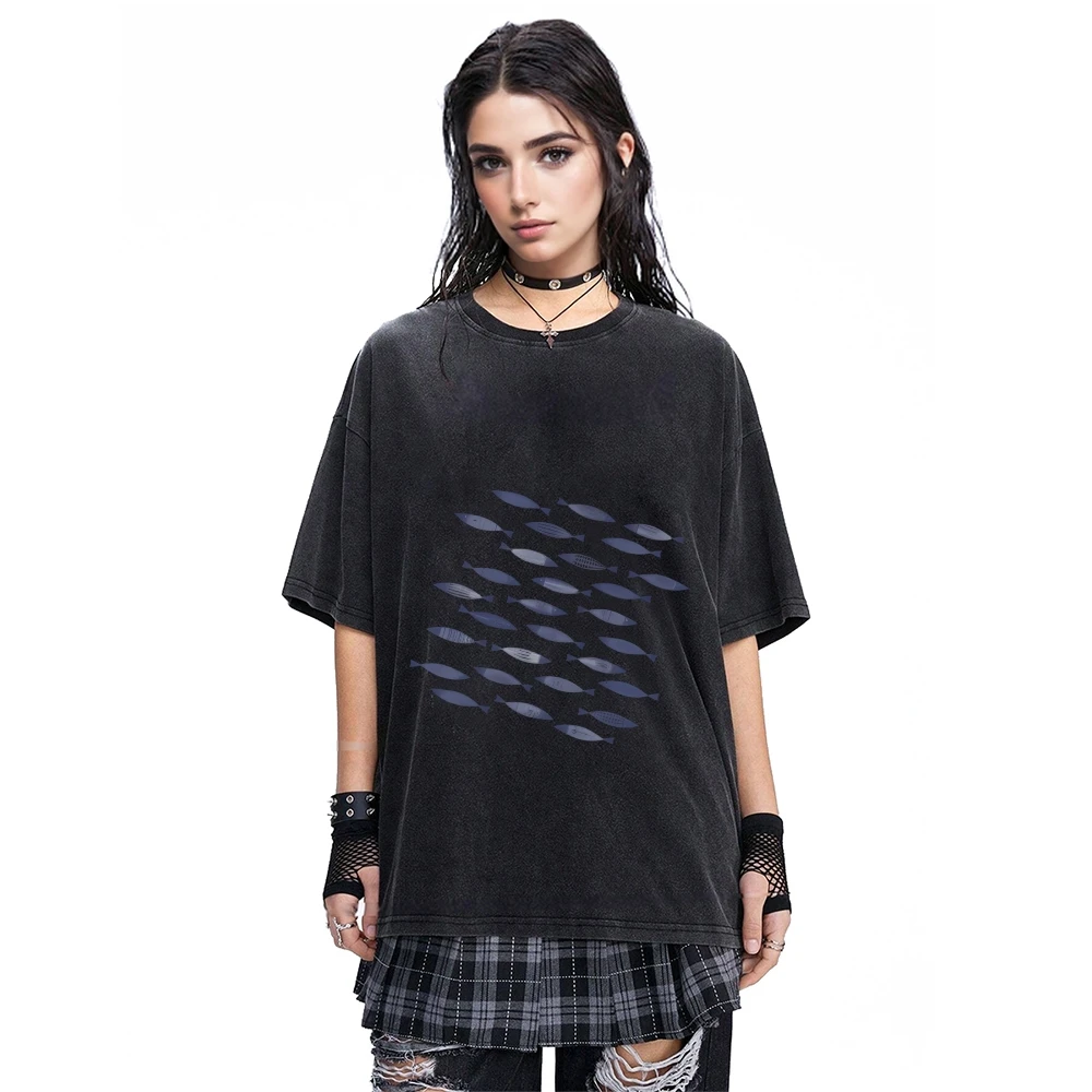 

School Of Fish Printed Summer Washed Cotton T Shirt Loose Fit Round Neck Short Sleeve Fashionable Cute Top For Men And Women