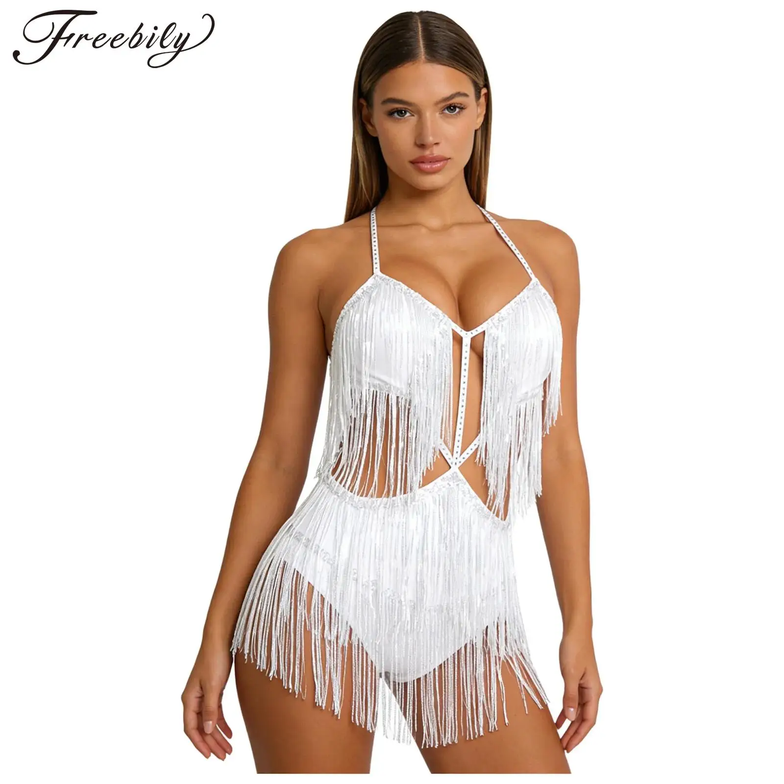 

Womens Belly Dance Costumes Fringed Bodysuit Sequin Tassels Hollow Out Leotards for Latin Dance Tango Cha-cha Shiny Jumpsuit