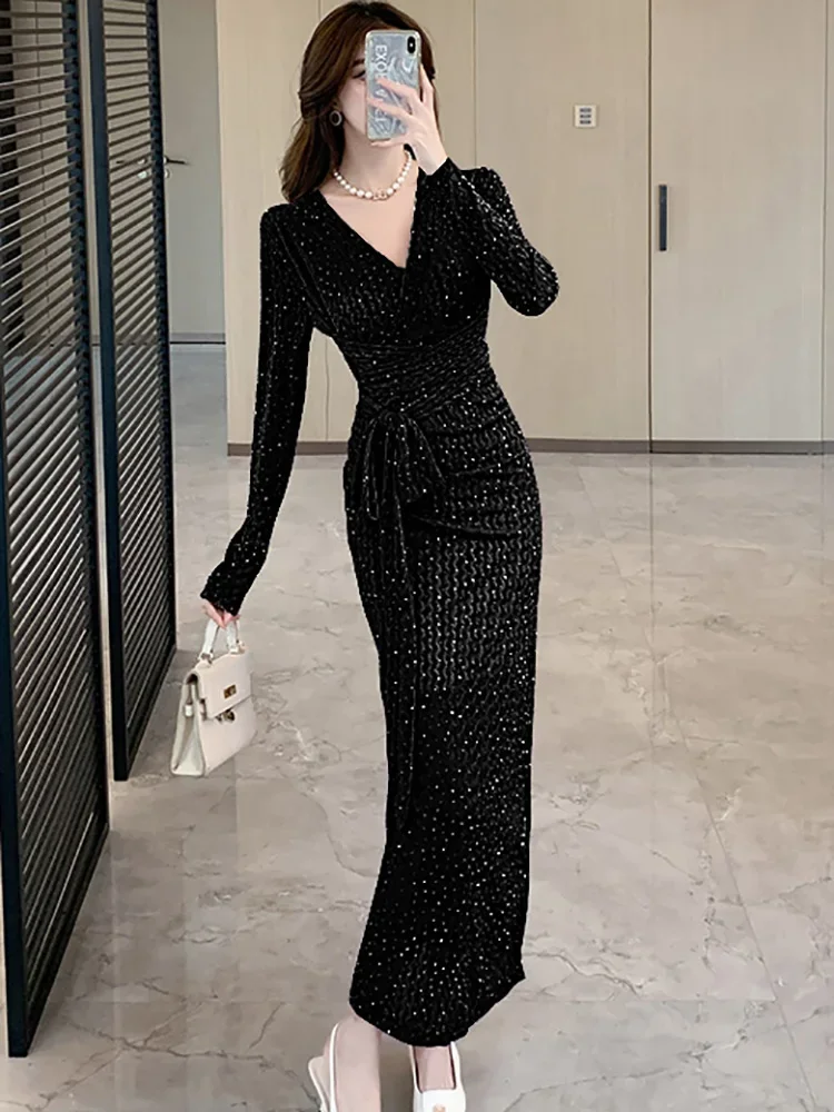 2024 neue Lila Jacquard Pailletten V-ausschnitt Langes Kleid Frauen Elegante Bogen Bandage Prom Kleid Herbst Winter Koreanische Vintage Party Kleid