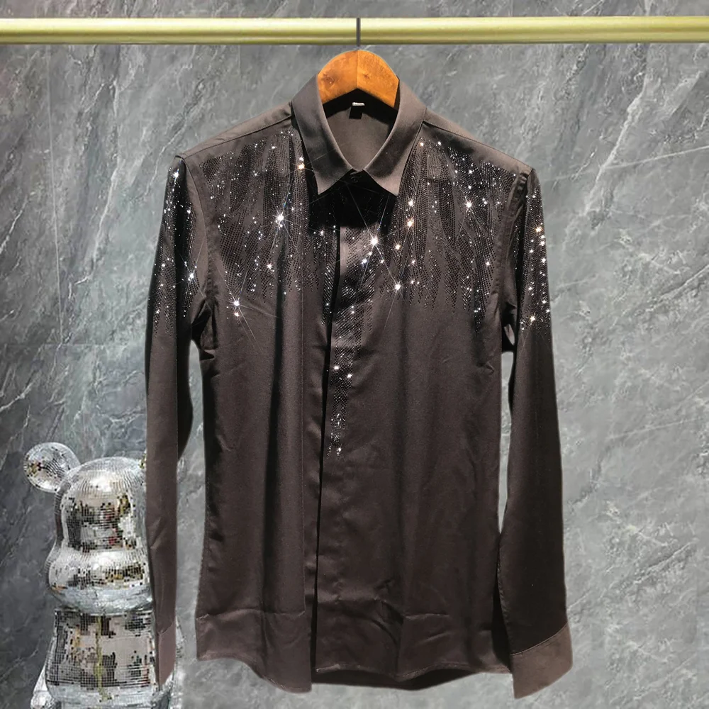 

2025 Shirt Men High Quality Rhinestones Shirt For Men Streetwear Black Simple Shirt Men Social Club Outfits Camiseta Masculina