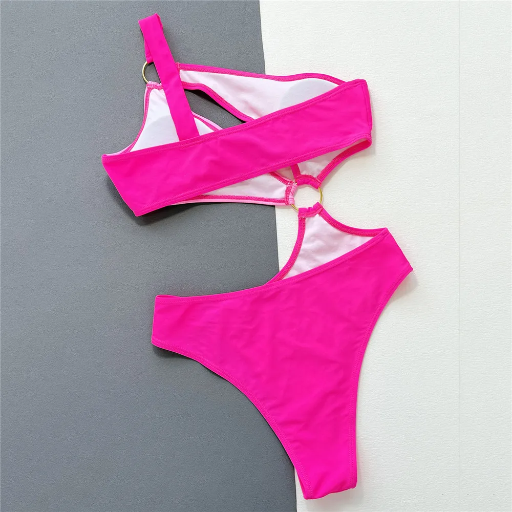 Women's Sexy One-Shoulder One-Piece Swimwear Color Block Rose Red Bikinis Set Metal Jewelry Cut-Out Monokini Bathing Swim Suits