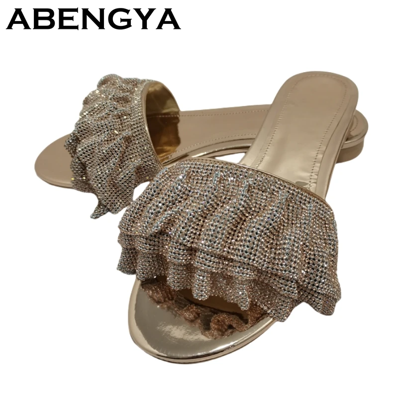 

Blingbling Crystal Slippers Women Open Toe Rhinestone Pleated Flats Mules Ladies Summer Fashion Party Dress Slides Shoes Female
