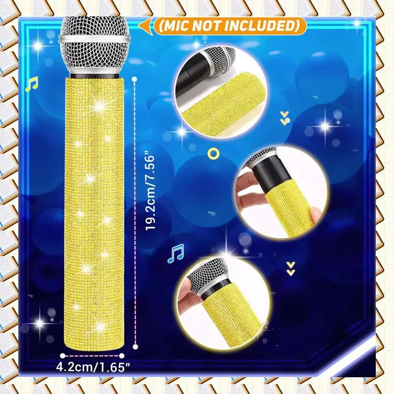 A14m 2x capa de alça de microfone, strass brilhantes, manga de alça de microfone para festa e show de tv, para a maioria dos microfones sem fio, ouro