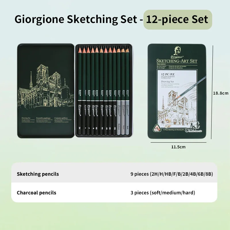 GOIRGIONE Pro Schetsset 10/12/19/27 Grafiet- en houtskoolpotloden Draagbare groene ijzeren doos Tekening Schetsen voor kunstenaars Studenten