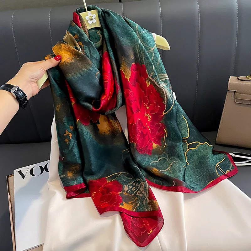 Women Luxury Brand Lrage Scarves Fashion Design 180X90CM Warm Shawl Popular Satin Finish Silk Scarf The Four Seasons Print Hijab