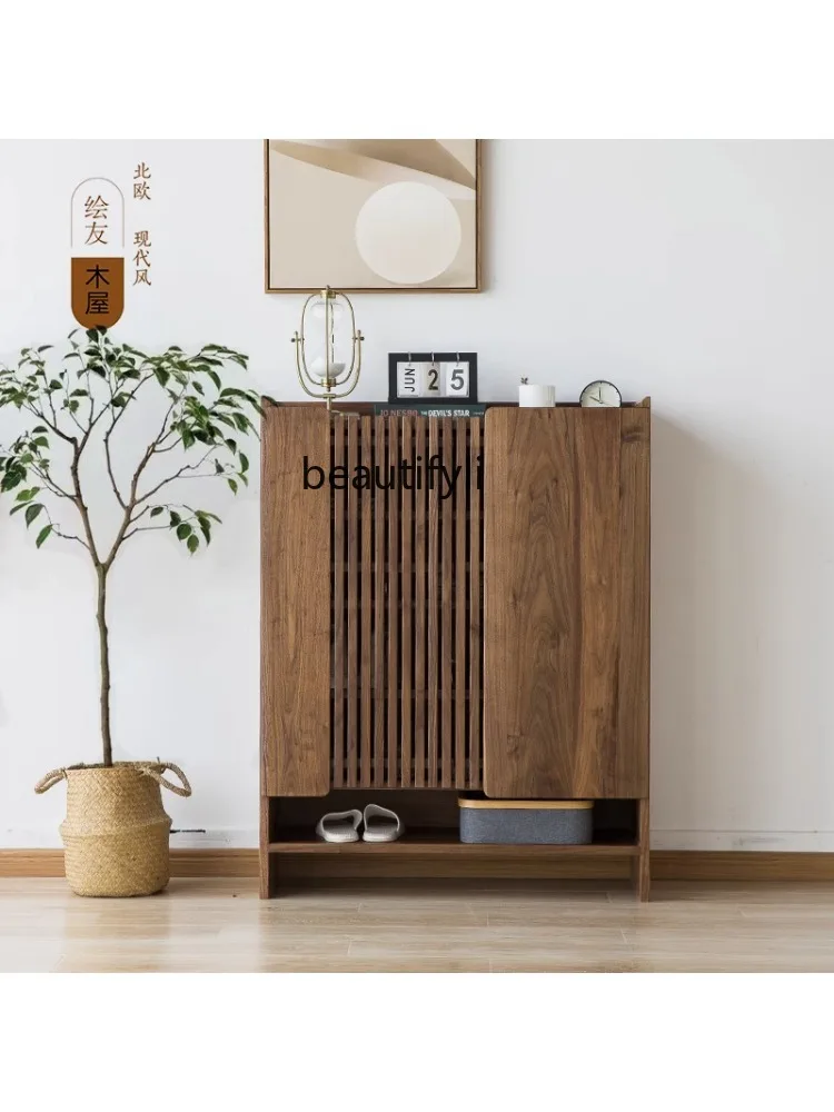 Custom Nordic Black Walnut Grille Shoe Cabinet Door Modern Cherrywood Foyer Hallway Japanese Entry Lux Storage Entrance Cabinet