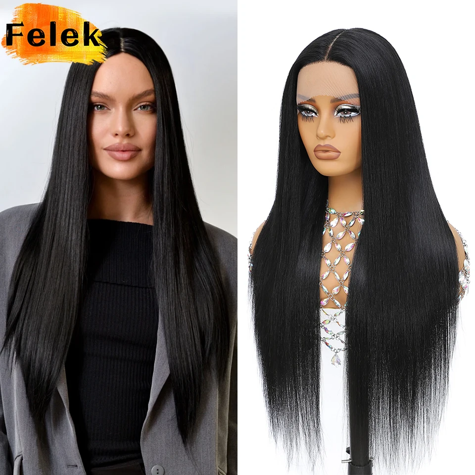 

HD Lace Frontal Wigs Длинные прямые смешанные волосы 13X6 Бесклеевые синтетические парики на шнурке Легко носить Коричневые мелированные парики для Хэллоуина
