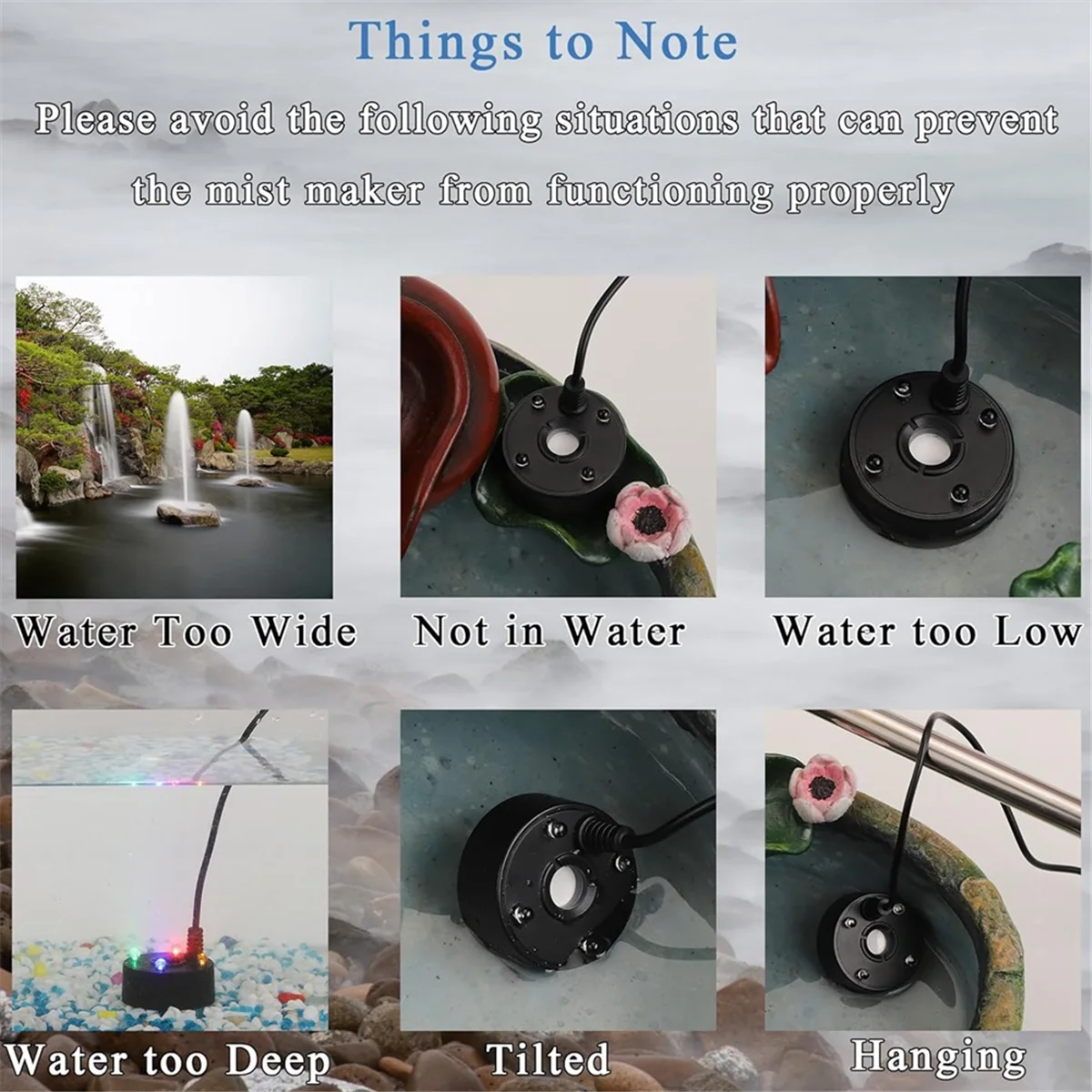 USB 5V Pompa wodna Mist Maker LED Lights Mini Mister Fog Machine, Indoor Fountain Garden Pond Water Fogger Atomizer White