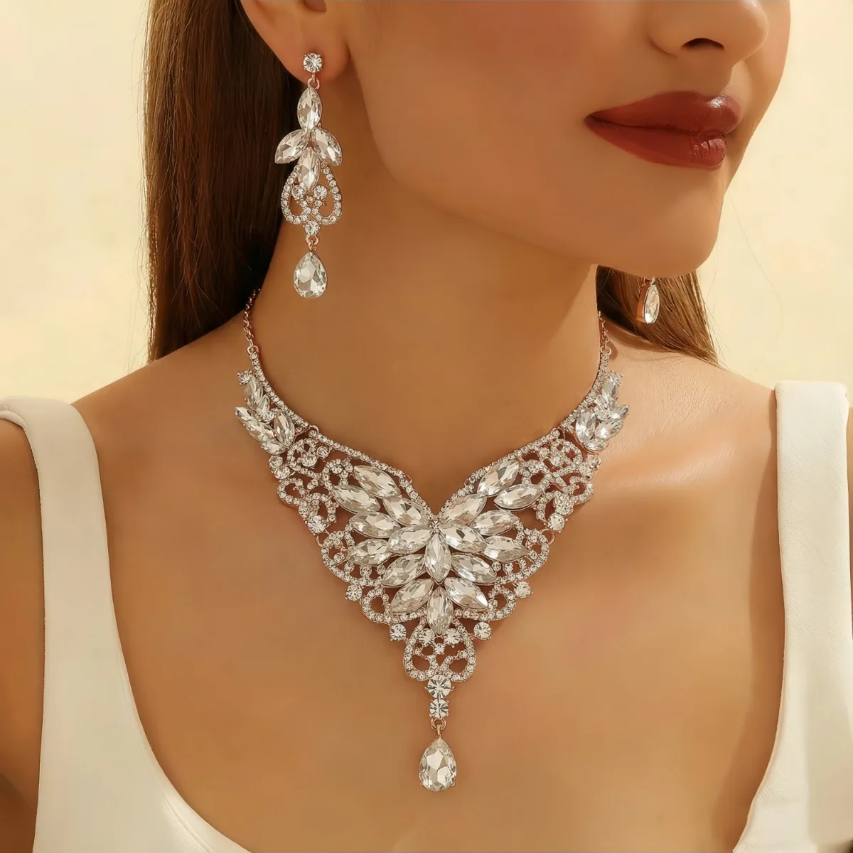 

rhinestone crystal necklace and earrings set elegant formal wedding party jewelry for women