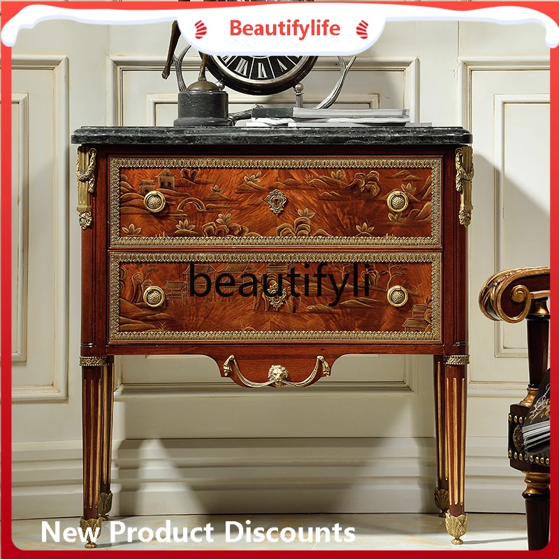 

CQY British Style Luxury Small Chest of Drawers Classical Solid Wood Bedside Table Artistic Hand Painted Decorative Cabinet
