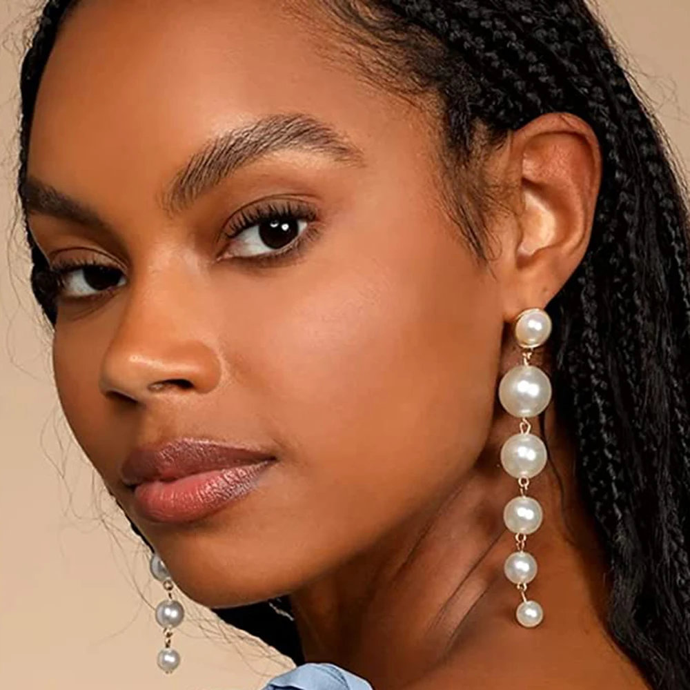 Simulated Pearl Long Clip on Earrings Without Piercing for Women Wedding Party Ear Clips Gift