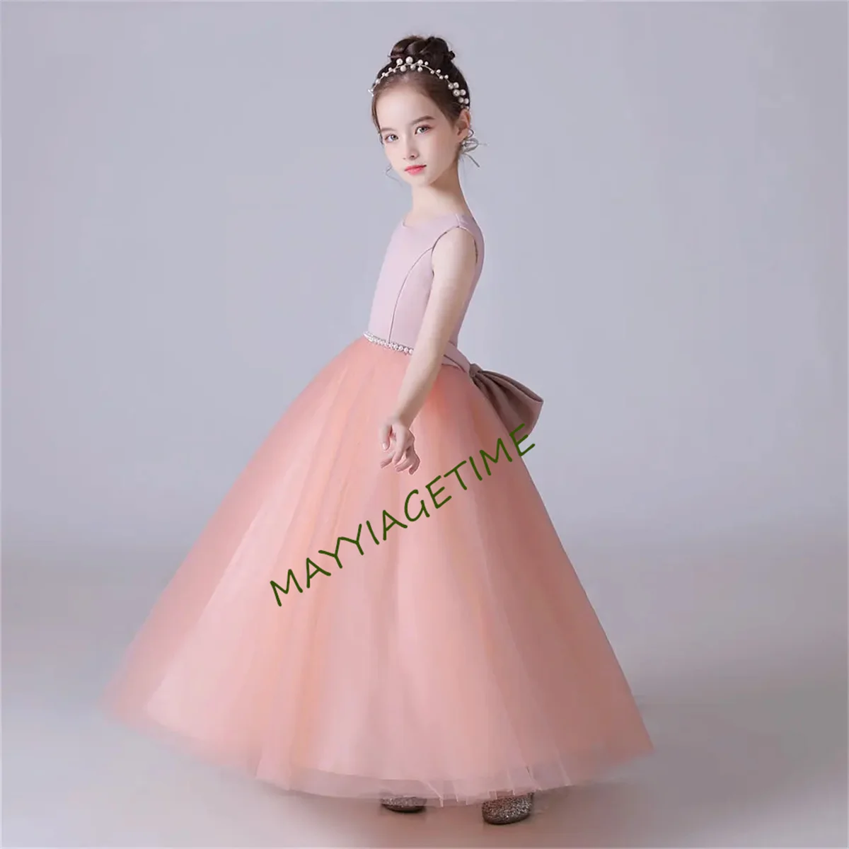 Girls Birthday Party Gown Backless Bow Tulle Princess Pageant Ball Gown Flower Girl Dress Junior Bridesmaid